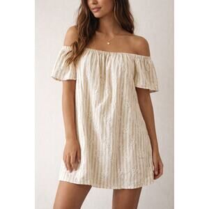 In February Off Shoulder Cotton Short Sleeve Striped Mini Dress Tan White Large